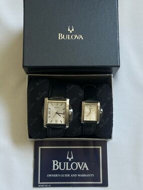 NWT Bulova Silver and Black His & Hers Square Dial Watch Set